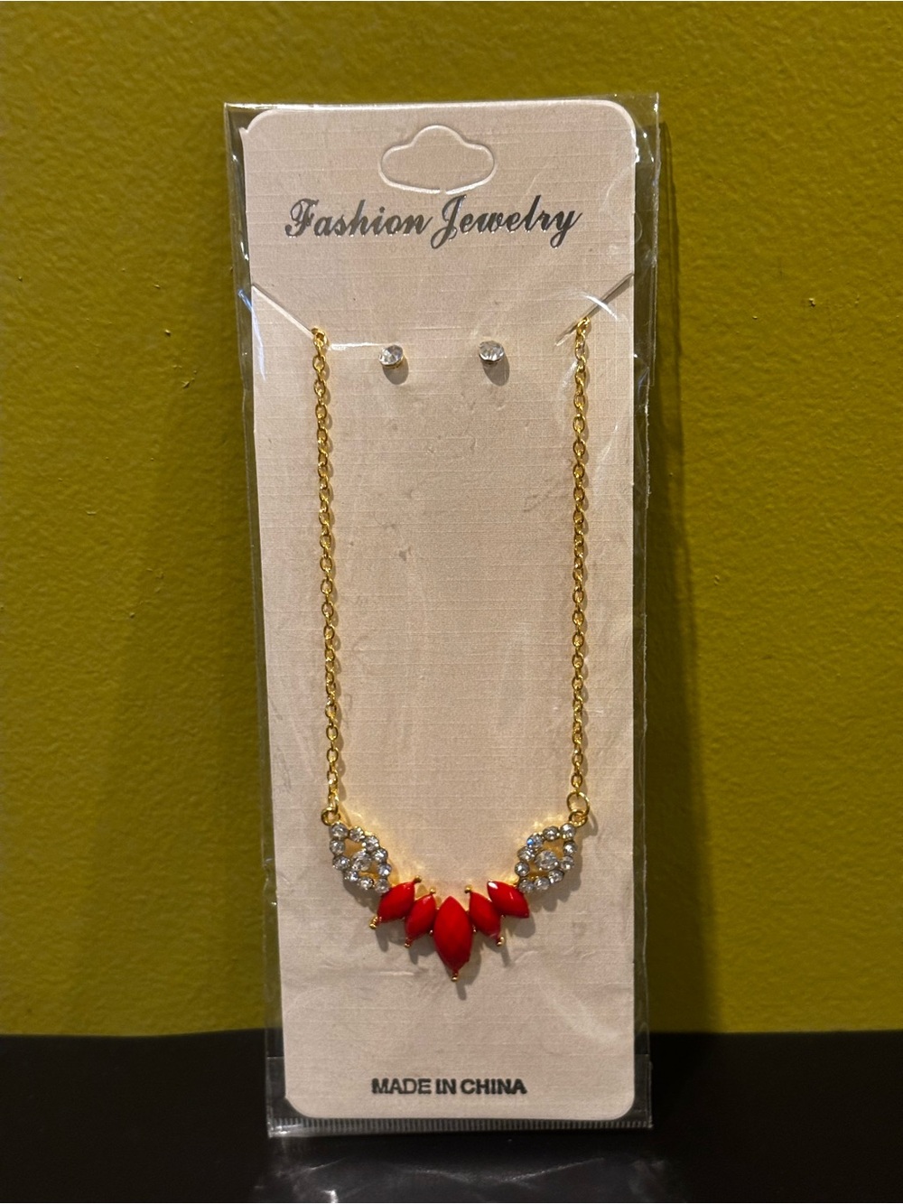 Fashion Jewelry Gold Necklace with Red and Clear Crystal Accents - Picture 10 of 10